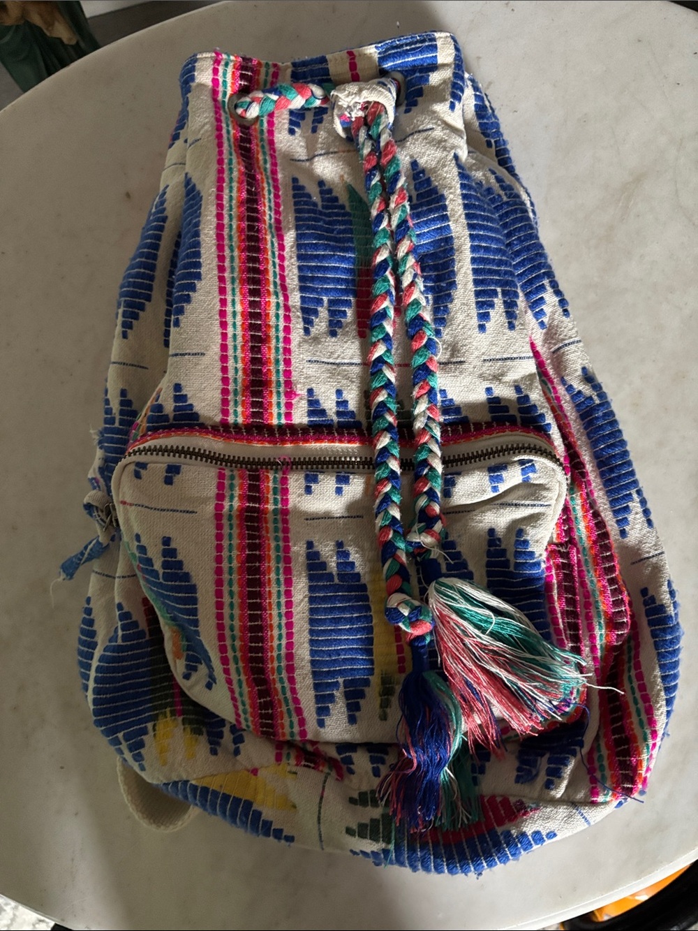 Boho Woven Drawstring Backpack in Blue-Multicolor